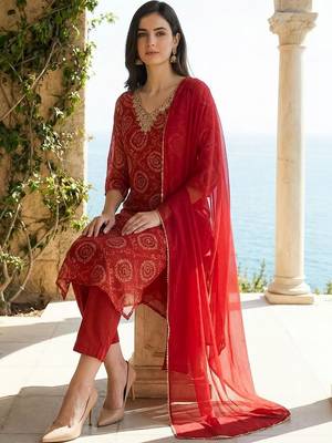 Women Ethnic Motifs Printed Thread Work Kurta with Trousers & With Dupatta 5
