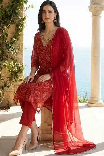 Women Ethnic Motifs Printed Thread Work Kurta with Trousers & With Dupatta