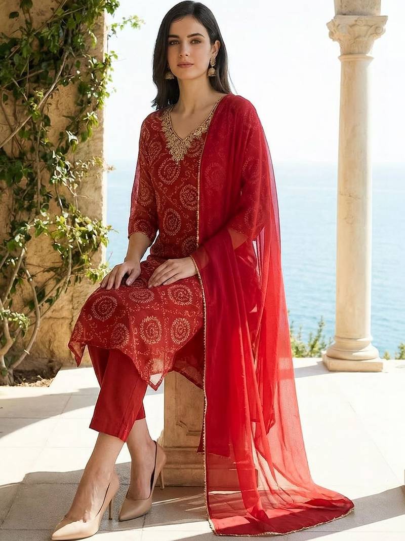 Women Ethnic Motifs Printed Thread Work Kurta with Trousers & With Dupatta