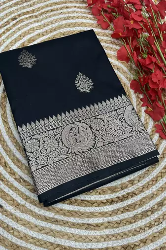 black soft silk blend saree with zari weaving meenakari design