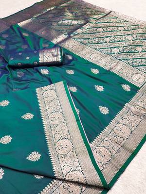 Sea green soft silk blend saree with zari weaving meenakari design 2