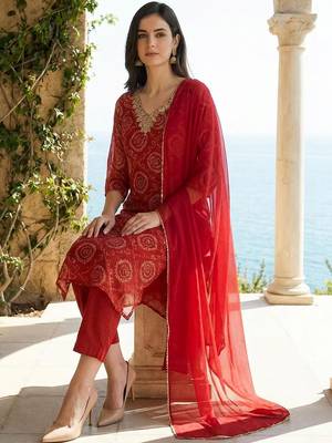 Women Ethnic Motifs Printed Thread Work Kurta with Trousers & With Dupatta 6