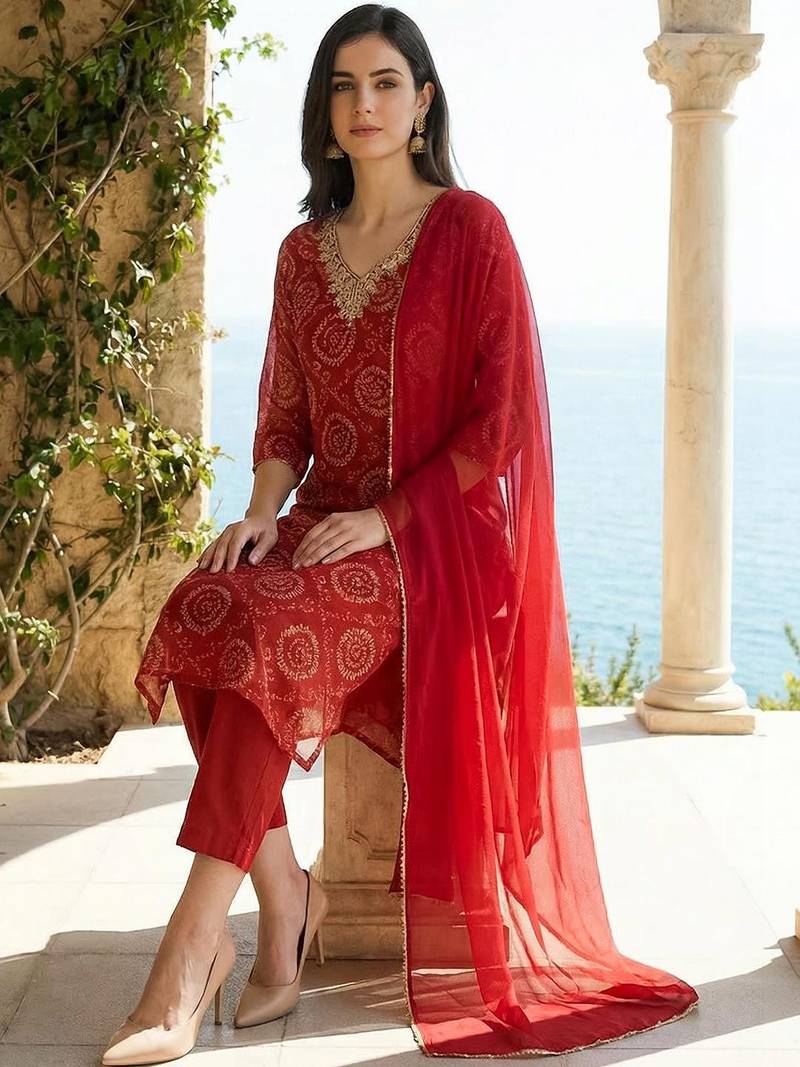 Women Ethnic Motifs Printed Thread Work Kurta with Trousers & With Dupatta