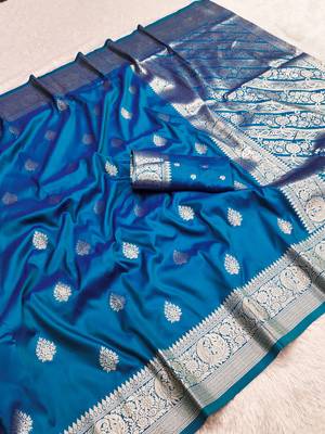 Teal soft silk blend saree with zari weaving meenakari design 1