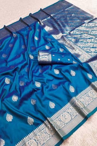 Teal soft silk blend saree with zari weaving meenakari design