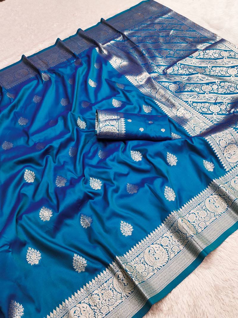 Teal soft silk blend saree with zari weaving meenakari design