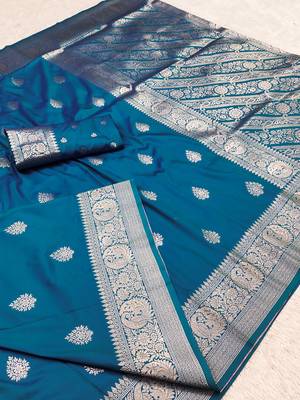 Teal soft silk blend saree with zari weaving meenakari design 2