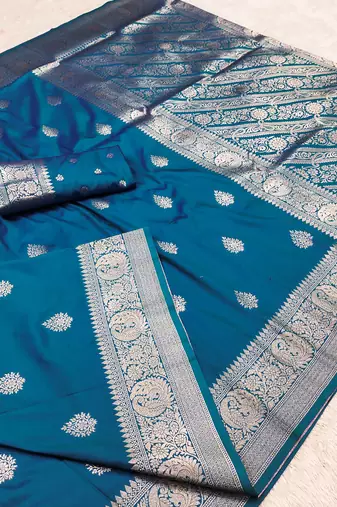 teal soft silk blend saree with zari weaving meenakari design