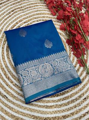 Teal soft silk blend saree with zari weaving meenakari design 3