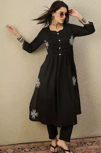 Women Ethnic Motifs Embroidered Panelled Thread Work Cotton Kurta with Trousers