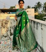 Green soft silk blend saree with zari weaving meenakari design
