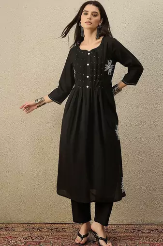 Women Ethnic Motifs Embroidered Panelled Thread Work Cotton Kurta with Trousers