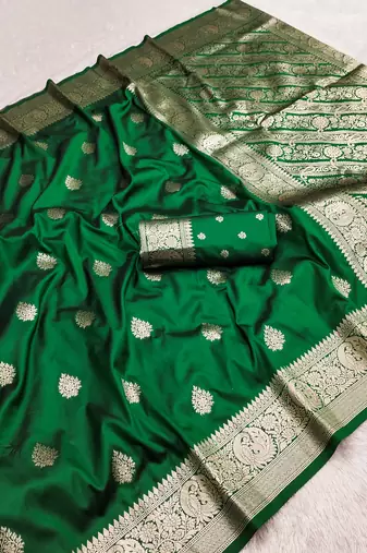 Green soft silk blend saree with zari weaving meenakari design