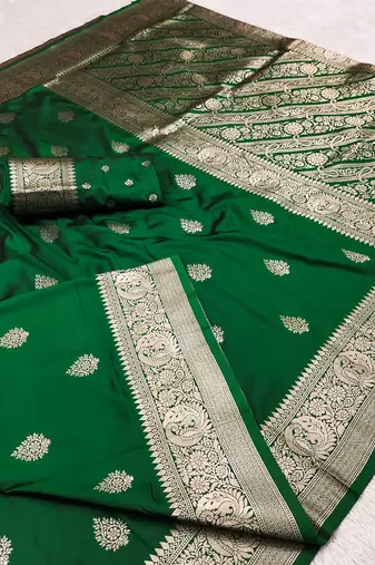 Green soft silk blend saree with zari weaving meenakari design