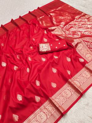 Red soft silk blend saree with zari weaving meenakari design 1