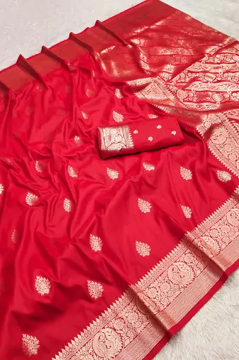 red soft silk blend saree with zari weaving meenakari design