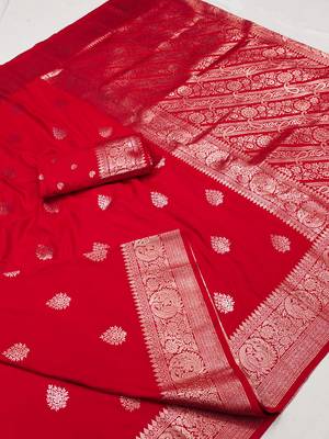 Red soft silk blend saree with zari weaving meenakari design 2