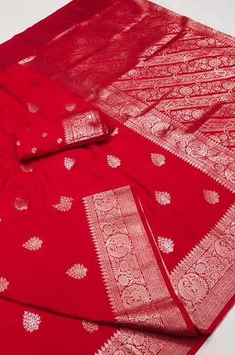 red soft silk blend saree with zari weaving meenakari design