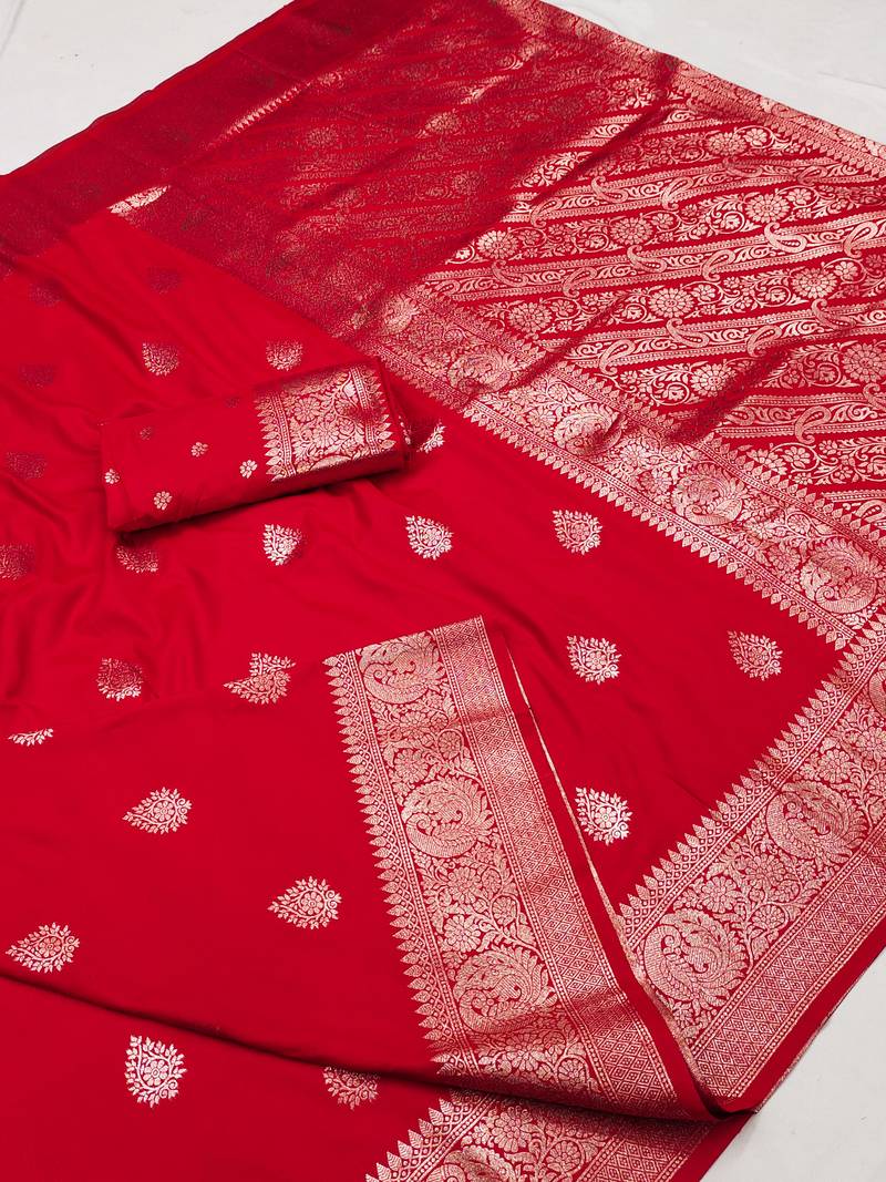 Red soft silk blend saree with zari weaving meenakari design