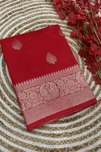 red soft silk blend saree with zari weaving meenakari design
