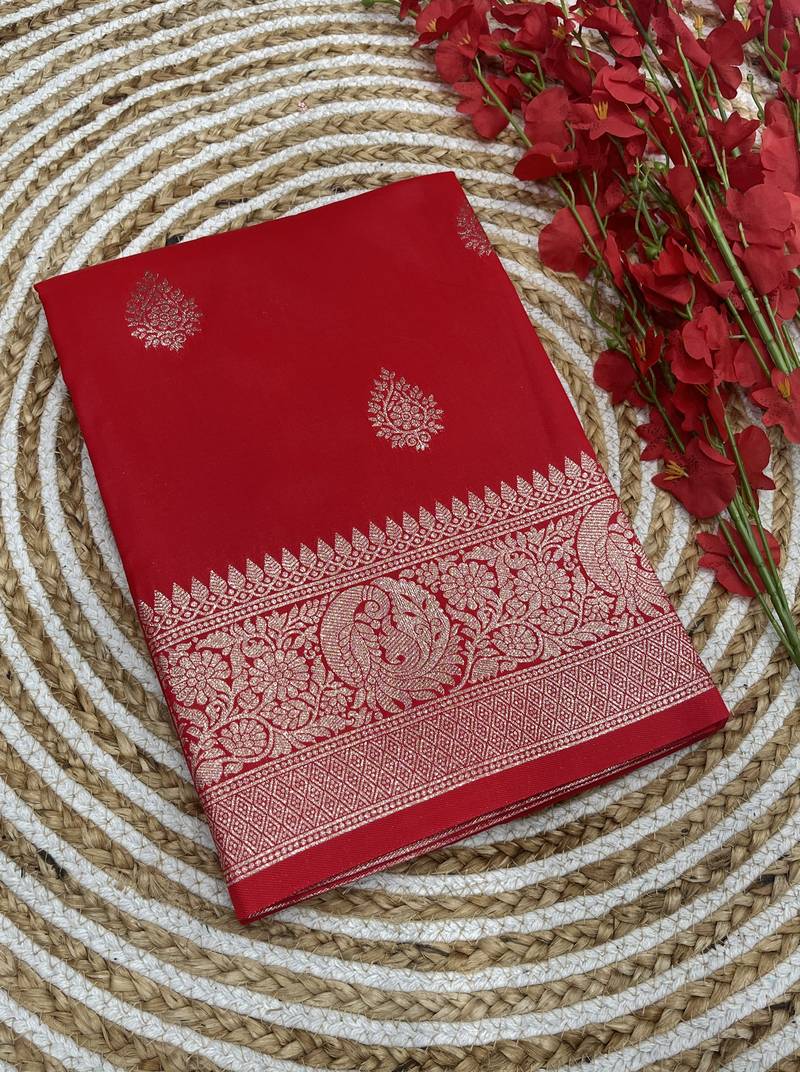Red soft silk blend saree with zari weaving meenakari design