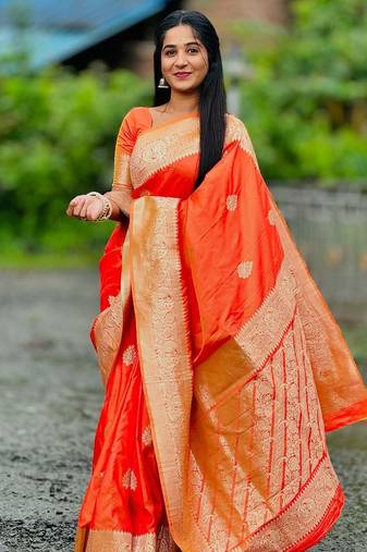 Orange soft silk blend saree with zari weaving meenakari design