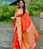 Orange soft silk blend saree with zari weaving meenakari design