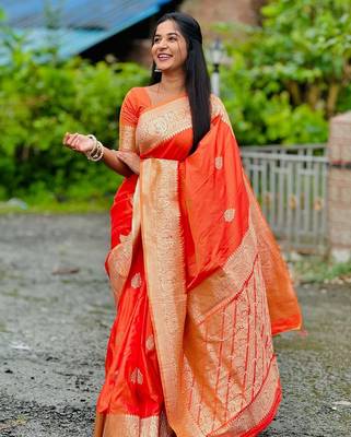 Orange soft silk blend saree with zari weaving meenakari design 2