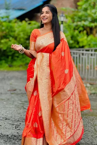 orange soft silk blend saree with zari weaving meenakari design