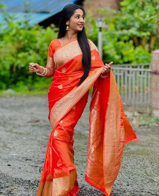Orange soft silk blend saree with zari weaving meenakari design 3