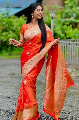 orange soft silk blend saree with zari weaving meenakari design