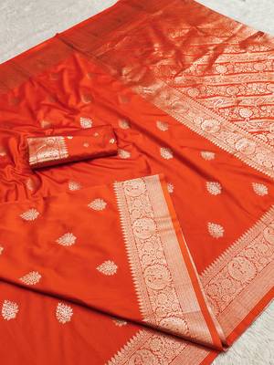 Orange soft silk blend saree with zari weaving meenakari design 4