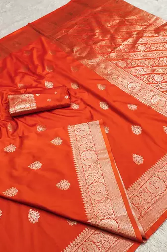 orange soft silk blend saree with zari weaving meenakari design