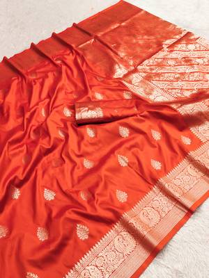 Orange soft silk blend saree with zari weaving meenakari design 5