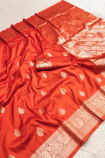 orange soft silk blend saree with zari weaving meenakari design