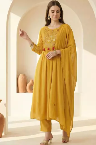 Women Ethnic Motifs Embroidered Panelled Thread Work Kurta with Trousers & With Dupatta