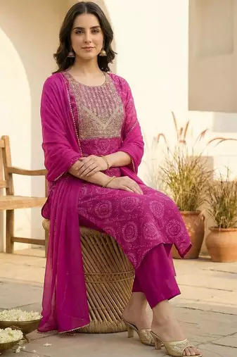 Women Ethnic Motifs Printed Thread Work Kurta with Trousers & Dupatta