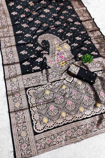 Black soft silk blend saree with zari weaving meenakari design