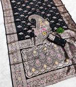 Black soft silk blend saree with zari weaving meenakari design