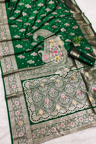 Green soft silk blend saree with zari weaving meenakari design