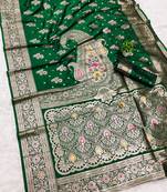 Green soft silk blend saree with zari weaving meenakari design