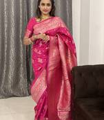 Pink soft silk blend saree with zari weaving meenakari design