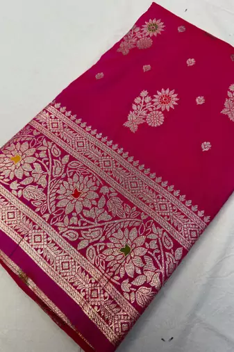 pink soft silk blend saree with zari weaving meenakari design