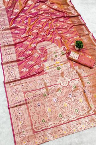 Onion pink soft silk blend saree with zari weaving meenakari design