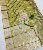 Green soft silk blend saree with zari weaving meenakari design