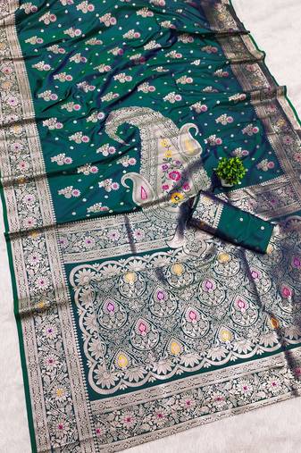 Sea green soft silk blend saree with zari weaving meenakari design
