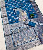 Teal soft silk blend saree with zari weaving meenakari design