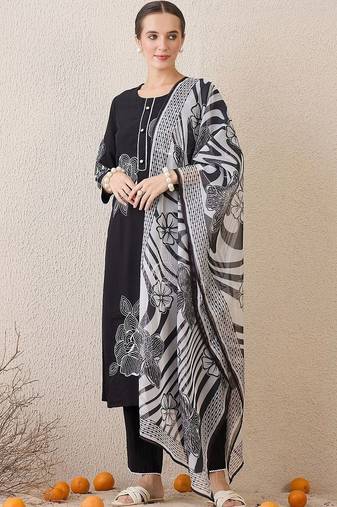 Women Floral Embroidered Thread Work Linen Kurta with Trousers & With Dupatta