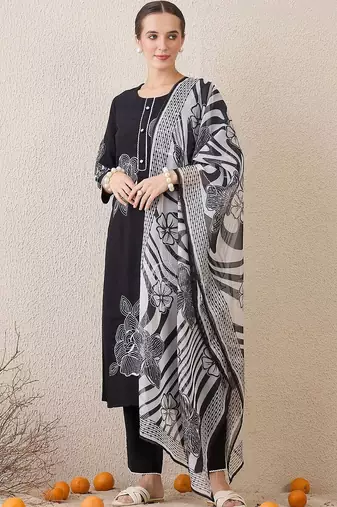 Women Floral Embroidered Thread Work Linen Kurta with Trousers & With Dupatta