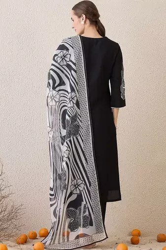 Women Floral Embroidered Thread Work Linen Kurta with Trousers & With Dupatta